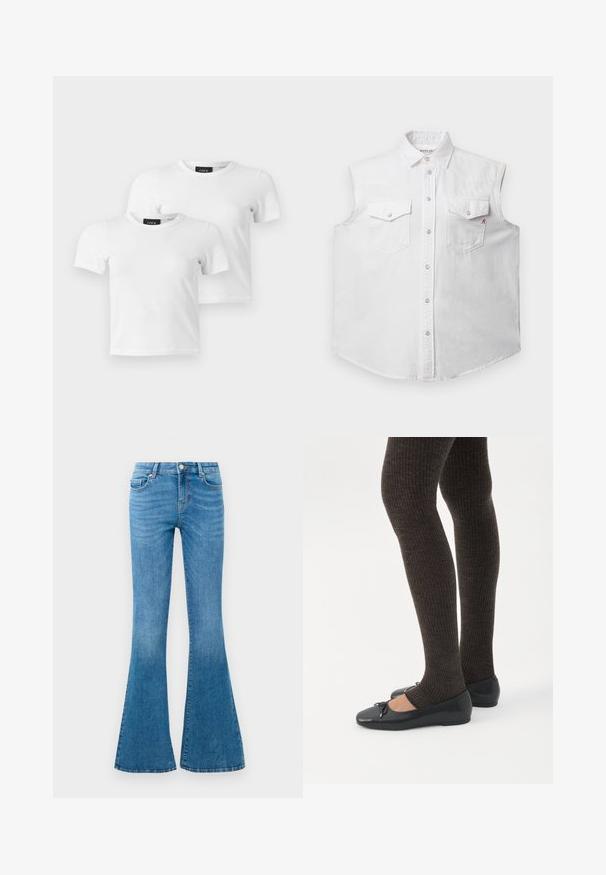 Hvid ærmeløs skjorte lavet af bomuldsdenim, med klassisk krave, frontknaplukning, to brystlommer og subtil rød "R" brodering.; To enkle hvide T-shirts med korte ærmer og rund hals med JJXX mærke-etiketter vist på en lys grå baggrund.; Blå denim flared jeans med mellemhøj talje, der har fem lommer, en standard knaplukning og let falmning for struktur.; Ben iført mørke ribbede leggings kombineret med sorte balletsko med små sløjfedetaljer på hvid baggrund.