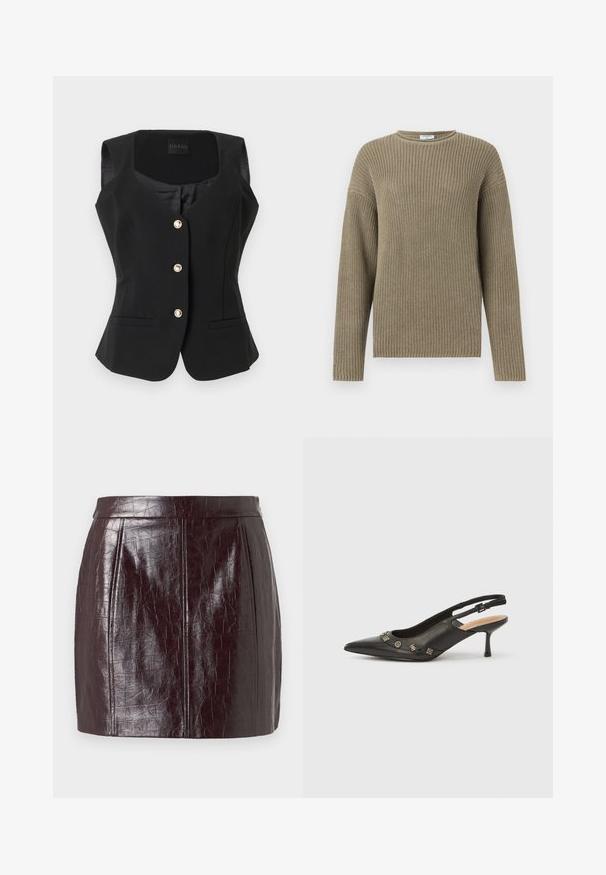 Ærmeløs sort damevest med tre guldknapper, to frontlommer med slids og en firkantet halsudskæring fra Guess.; Strikket sweater i beige med ribstrikket tekstur, lange ærmer, rund halsudskæring og afslappet pasform.; Bordeaux faux-lædernederdel med et struktureret krokodillemønster, med høj lænd og to lodrette sømme for struktur.; Sort slingback-pumpe i læder med spids tå, lille hæl og dekorative metalakcenter langs frontåbningen. Glat tekstur.