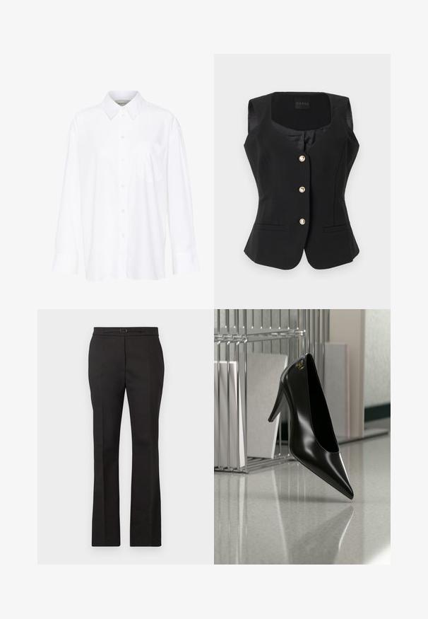 Ärmellose schwarze Damenweste mit drei goldenen Knöpfen, zwei vorderen Schlitztaschen und einem quadratischen Ausschnitt von Guess.; Weißes Langarmhemd mit Kragen aus Baumwolle. Verfügt über eine durchgehende Knopfleiste und eine Brusttasche. Glatte Textur, lockere Passform.; Schwarze, maßgeschneiderte Hosen mit geraden Beinen, einem Bund mit kleinem Gürtel und Schnalle, dargestellt vor einem schlichten hellen Hintergrund.; Schwarzer High-Heel-Schuh mit spitzer Zehe und goldem Logo, auf einer reflektierenden Oberfläche nahe einem verchromten Draht-Organizer mit Dokumenten positioniert.