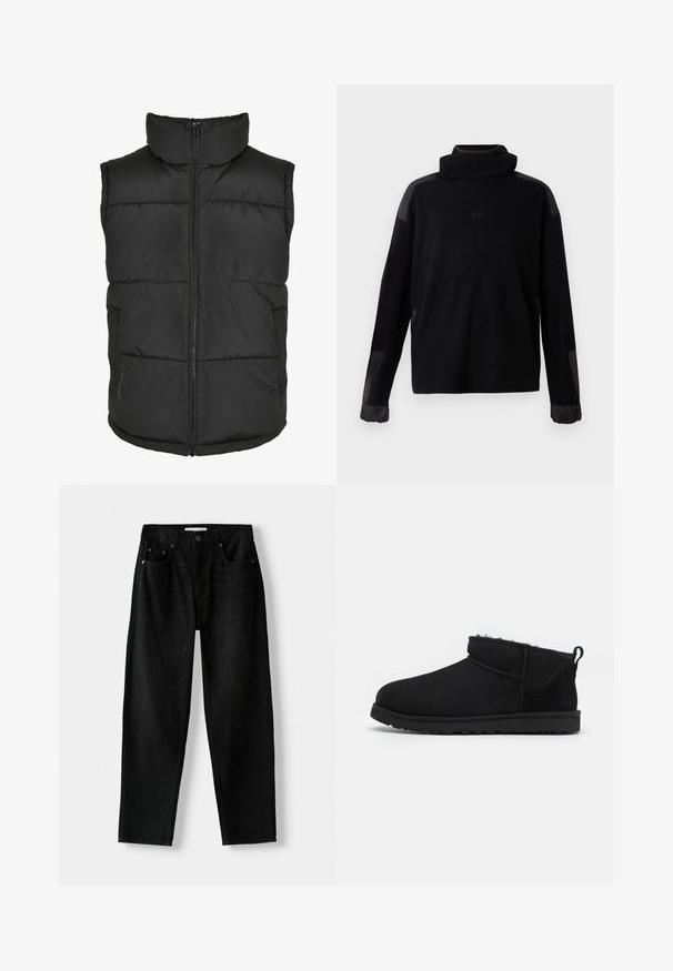 Schwarze gepolsterte Weste mit hohem Kragen, Frontreißverschluss und ohne Ärmel. Verfügt über gesteppten Teile und Taschen an den Seiten für praktische Nutzung.; Schwarzer Pullover mit langen Ärmeln, hohem Kragen, elastischen Bündchen und glatten Stoffflicken auf den Schultern und Ärmeln.; Schwarze Jeans im Straight-Leg-Schnitt mit fünf Taschen, Knopfverschluss und Gürtelschlaufen, flach auf weißem Hintergrund präsentiert.; Schwarze Wildleder-Stiefeletten mit einem weichen, strukturierten Innenfutter, einer flachen Gummisohle und einer Zugschlaufe auf der Rückseite für ein einfaches Anziehen.