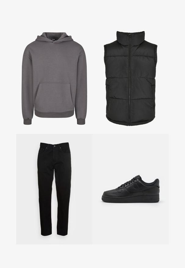 Gilet rembourré noir avec un col haut, fermeture éclair à l'avant et sans manches. Présente des sections matelassées et des poches latérales pour plus de praticité.; Sweat à capuche gris en tissu doux, doté d'une poche kangourou, de poignets côtelés et d'une coupe décontractée. Texture lisse, design simple.; Jean slim noir avec fermeture à bouton à l'avant et design à cinq poches, présenté sur un fond gris clair uni.; Nike Sportswear AIR FORCE 1 07 FLYEASE - Baskets basses - black