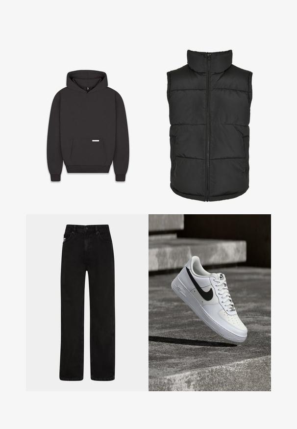 Gilet rembourré noir avec un col haut, fermeture éclair à l'avant et sans manches. Présente des sections matelassées et des poches latérales pour plus de praticité.; Sweatshirt noir avec capuche, poche avant, poignets et ourlet côtelés. Fabriqué en tissu doux avec une étiquette sur la poche. Design minimaliste.; Jean en denim noir avec une coupe droite, doté de poches avant, d'une fermeture à bouton et d'une discrète étiquette logo sur la taille.; Baskets blanches Nike Air Force 1 avec le swoosh noir, lacets attachés, en suspension dans les airs au-dessus d'une surface en béton texturé en extérieur.