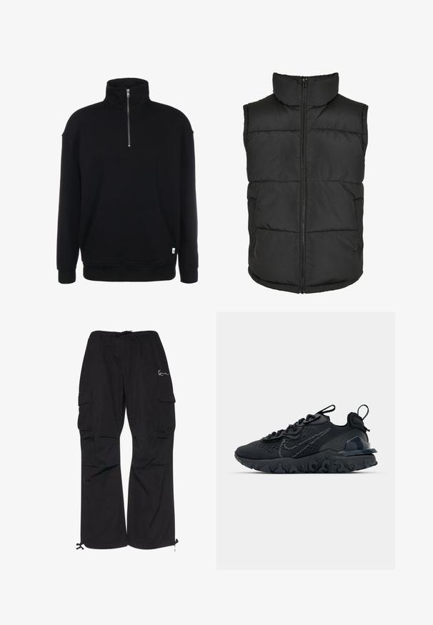Gilet rembourré noir avec un col haut, fermeture éclair à l'avant et sans manches. Présente des sections matelassées et des poches latérales pour plus de praticité.; Sweatshirt noir à col zippé avec manches longues, texture douce, poche avant et petit logo vert à l'ourlet.; Pantalons cargo noirs en tissu léger, dotés d'une taille élastique avec cordon de serrage, de poches latérales et de poignets ajustables.; Chaussure de sport noire avec une tige en mesh respirant, des accents texturés et une semelle en caoutchouc ondulée. Comprend un logo réfléchissant et un système de laçage.