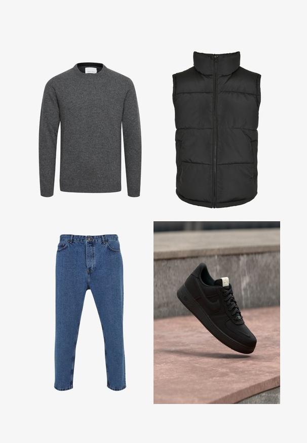 Chaleco acolchado negro con cuello alto, cremallera frontal y sin mangas. Presenta secciones acolchadas y bolsillos laterales para mayor practicidad.; Jersey gris carbón de manga larga con cuello redondo, puños y bajo acanalados, hecho de tejido de punto suave.; Jeans de mezclilla azul con corte recto, cintura alta, diseño de cinco bolsillos y detalles de costura en contraste.; Zapatilla negra Nike Air Force 1 flotando sobre un borde de hormigón rosa con fondo de piedra gris, mostrando detalles laterales y superiores.