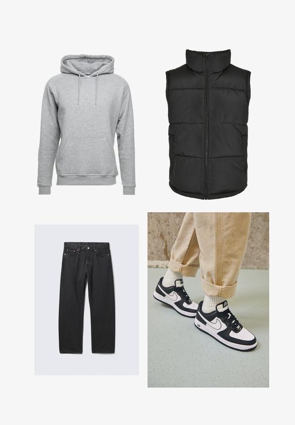 Gilet rembourré noir avec un col haut, fermeture éclair à l'avant et sans manches. Présente des sections matelassées et des poches latérales pour plus de praticité.; Hoodie gris en coton doux, doté d'une poche avant, de cordons de serrage réglables et de poignets et d'un ourlet côtelés.; Jean noir droit avec cinq poches et une fermeture bouton à la taille, posé à plat sur un fond clair.; Baskets Nike Air Force 1 en noir et blanc avec un dessus en cuir, orteil perforé et détail de semelle texturée, portées avec un pantalon beige retroussé et des chaussettes blanches.