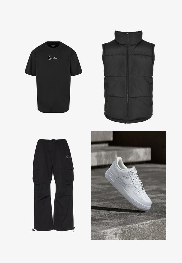 Schwarze gepolsterte Weste mit hohem Kragen, Frontreißverschluss und ohne Ärmel. Verfügt über gesteppten Teile und Taschen an den Seiten für praktische Nutzung.; Schwarzes Baumwoll-T-Shirt mit kurzen Ärmeln, Rundhalsausschnitt und einem weißen Signaturlogo, das auf der Vorderseite gedruckt ist. Glatte Textur und lässige Passform.; Schwarze Cargo-Hosen aus leichtem Material, mit elastischem Bund und Kordelzug, seitlichen Taschen und verstellbaren Bündchen.; Weißer Nike Air Force 1 Sneaker mit geprägten Sternmustern und einem metallischen Stern-Schnürsenkelanhänger, der über einer Betonoberfläche schwebt.