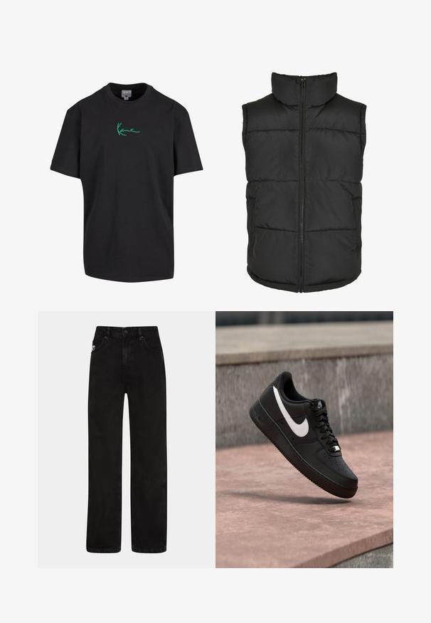 Gilet rembourré noir avec un col haut, fermeture éclair à l'avant et sans manches. Présente des sections matelassées et des poches latérales pour plus de praticité.; T-shirt en coton noir à manches courtes et col rond. Présente un graphique signature vert "Kanye" sur le devant. Dos uni et coupe décontractée.; Jean en denim noir avec une coupe droite, doté de poches avant, d'une fermeture à bouton et d'une discrète étiquette logo sur la taille.; Basket Nike Air Force 1 noire avec logo swoosh blanc flottant au-dessus d'une surface en pierre et d'un mur texturé gris en arrière-plan.