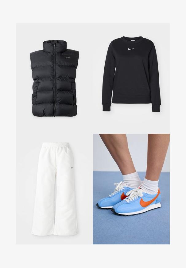 Sort polstret ærmeløs vest med lynlås foran og lille hvid Nike-logo på venstre bryst mod ensfarvet baggrund.; Sort sweatshirt lavet af bomuldsblanding, med ribbede manchetter og kant, rund halsudskæring og sølvfarvet Nike-logo på brystet.; Hvide atletiske bukser med et bredbenet design, elastisk talje og et lille sort Nike-logo på venstre side. Glat, let materiale.; Blå mesh- og ruskinds sneakers med orange accenter og hvide snørebånd. Sort gummisål. Båret med hvide crew-sokker på en blå overflade.