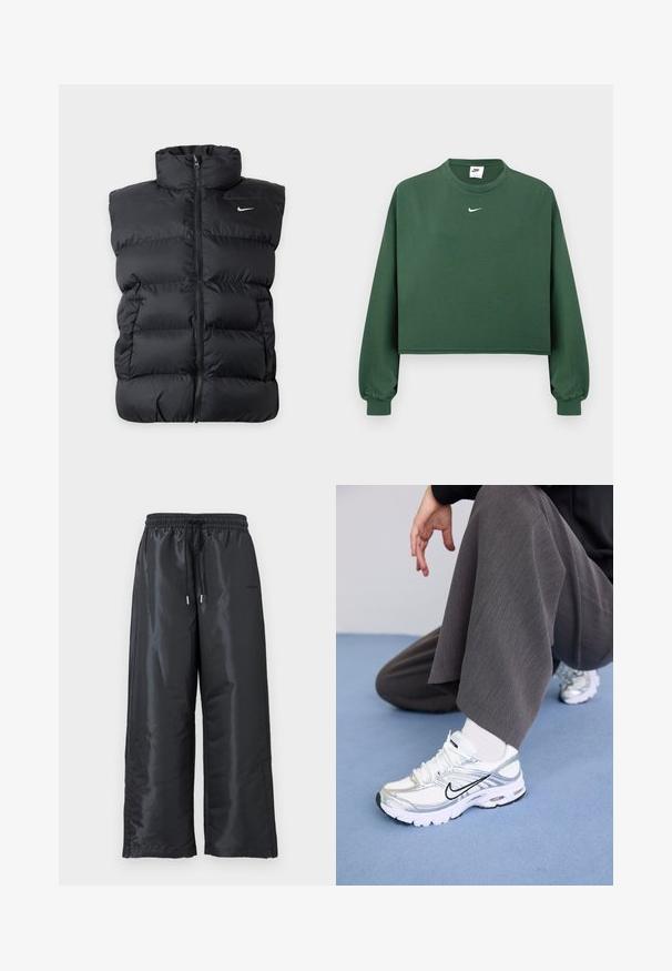 Schwarze wattierte ärmellose Weste mit Frontreißverschluss und kleinem weißen Nike-Logo auf der linken Brust vor einfarbigem Hintergrund.; Grüner, kurz geschnittener Sweatshirt aus Baumwolle mit Rundhalsausschnitt und elastischen Bündchen, versehen mit einem kleinen weißen Nike-Logo auf der Brust.; Schwarze, weite Hosen aus glänzendem, glattem Stoff. Mit einem elastischen Bund und einem Kordelzug sowie Seitentaschen.; Weiße und silberne Sportschuhe aus Mesh- und Synthetikmaterialien, mit schwarzen Akzentlinien, Schnürsenkeln und strukturierten Sohlen.