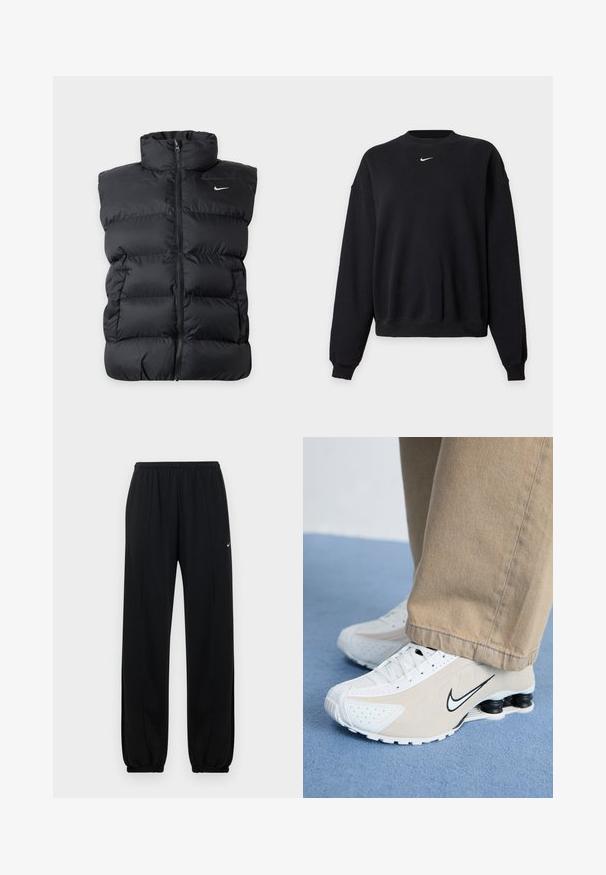 Chaleco negro acolchado sin mangas con cremallera frontal y pequeño logotipo blanco de Nike en el pecho izquierdo sobre fondo liso.; Sudadera negra de manga larga con cuello redondo y pequeño logo blanco de Nike swoosh centrado cerca del escote, mostrada sobre fondo gris liso.; Pantalones deportivos negros con cintura elástica, puños ajustados y un pequeño logo blanco de Nike en el muslo izquierdo. Textura de tela suave.; Zapatillas Nike blancas y beige con diseño perforado, logo de swoosh negro, parte superior texturizada y distintivo talón negro elástico.