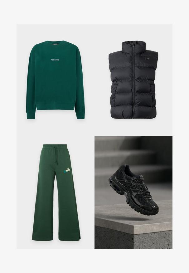Sort polstret ærmeløs vest med lynlås foran og lille hvid Nike-logo på venstre bryst mod ensfarvet baggrund.; Grøn sweatshirt lavet af bomuld, med rund hals, ribstrikkede manchetter og en hvid "PEGADOR" logo på tværs af brystet.; Mørkegrønne brede sweatpants med elastisk talje, snøre, sidelommer og en teal broderet Nike-logo på venstre lår.; Sort Nike løbesko med mesh og syntetisk overdel, der svæver over en betonoverflade og trin i baggrunden.