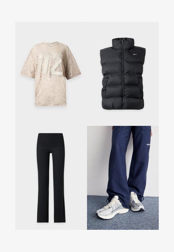 Sort polstret ærmeløs vest med lynlås foran og lille hvid Nike-logo på venstre bryst mod ensfarvet baggrund.; Beige net kortærmet skjorte med et subtilt abstrakt mønster og stort hvidt nummer "72" foran.; Sorte højtaljede ribstrikkede bukser med lige ben, vist på en ensartet lys grå baggrund.; Nike sportssko med en sølvfarvet mesh-overdel, hvide detaljer og strukturerede såler, parret med løstsiddende navy bukser.