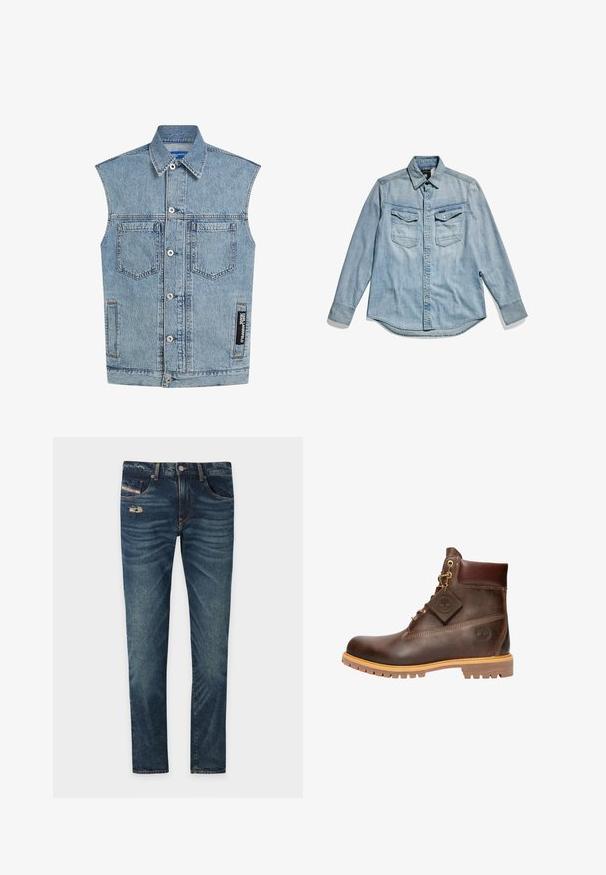 Ærmeløs lys blå denimvest med knappelukning foran, to brystlommer, sidelommer, krave og sort mærke på højre side.; Lyseblå cowboyskjorte med lange ærmer, knaplukning foran, to brystlommer og klassisk krave. Blød tekstur med et afslappet design.; Mørkeblå denimjeans med en let slidt finish, prydet med en slidtage detalje foran og fem lommer, herunder en lille møntlomme.; Brun læder ankelstøvle med rund tå, solid sål, hardware i guldtone og en tekstureret overdel. Inkluderer et logo-tagfæstet.