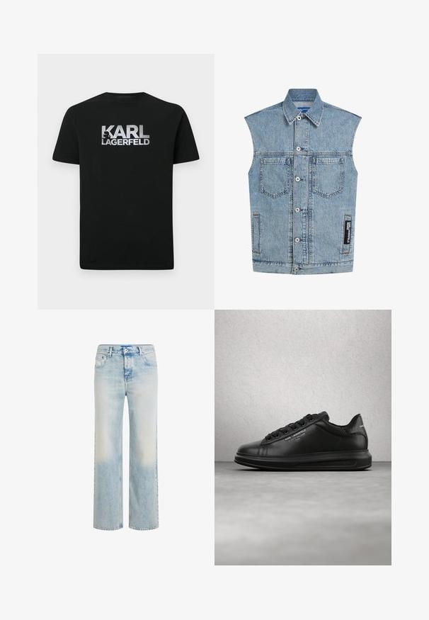 Ærmeløs lys blå denimvest med knappelukning foran, to brystlommer, sidelommer, krave og sort mærke på højre side.; Sort bomuld t-shirt med et sølvfarvet print af logoet "KARL LAGERFELD" og en stiliseret silhuet. Korte ærmer og rund halsudskæring.; Lyseblå jeans med lige ben, falmet vask, lukkes med knap og lynlås foran samt design med fem lommer.; Person iført sorte Karl Lagerfeld sneakers med sorte bukser, stående på et trægulv mod en hvid panelvæg.