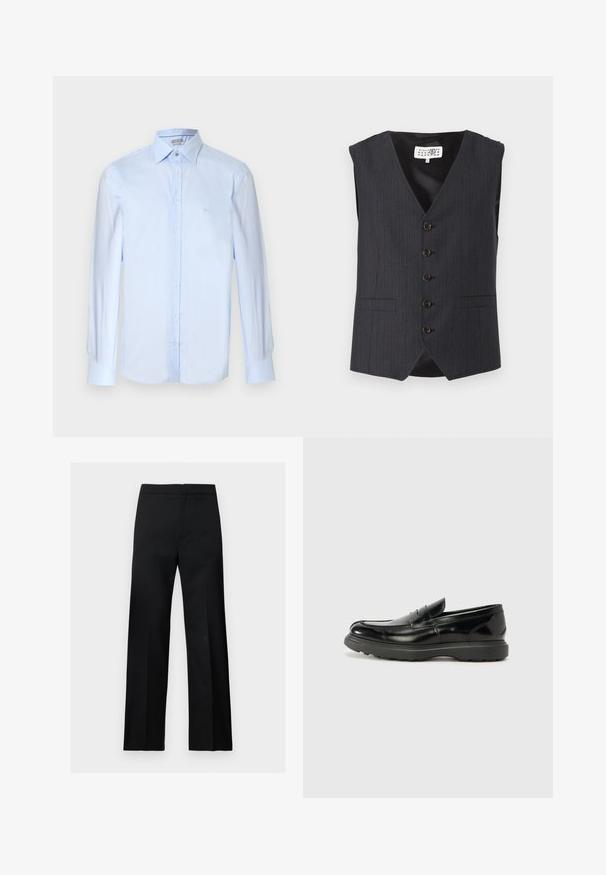 Gilet gris à fines rayures avec un col en V, sans manches, doté de cinq boutons bruns et de poches latérales, fabriqué en tissu lisse.; Chemise bleu clair à manches longues avec boutons, en tissu texturé. Comprend un col classique et une broderie de logo discrète sur la poitrine.; Pantalon formel noir à jambes droites, taille haute, au design épuré et minimaliste, présenté sur un fond clair uni.; Mocassin en cuir noir avec une finition brillante, bout arrondi, détails de couture subtils et semelle en caoutchouc épaisse pour la durabilité.