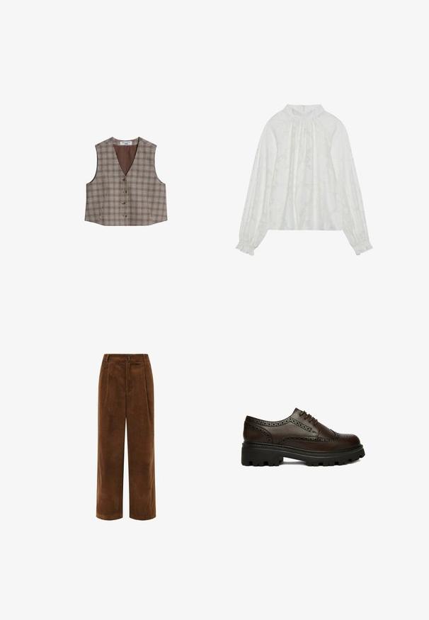 Bruin-wit geruit mouwloos vest met V-hals en vier knopen aan de voorkant, gelabeld Marc O’Polo Denim.; Witte blouse met lange mouwen, voorzien van een gemêleerd bloemenpatroon, een gathered decolletée en elastische manchetten. Zacht, lichtgewicht stof.; Bruine corduroy wijdgerande broek met een gestructureerd oppervlak, geplisseerde voorkant en een ritssluiting. Voorzien van een klein merklabel op de tailleband.; Donkerbruine leren brogue schoen met geperforeerde details en dikke zwarte profielzool, zijkant gezien op een witte achtergrond.