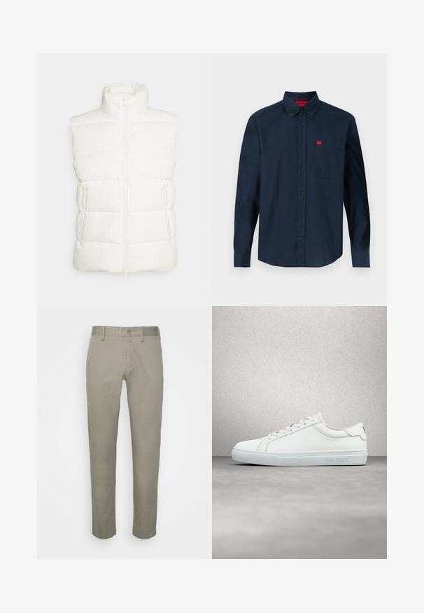Save the duck EURYOPS - Vest - off white; Marineblå langærmet skjorte med knapper, knapkrave og brystlomme med en lille rød logotag.; Lys grå khaki bukser med en slim fit design, der har flad front, standardlommer og en glat stofstruktur.; Hvide lædersneakers med en glat finish, rund tå, flade snørebånd og et minimalistisk design. Lys grå gummisål med branding på siden.