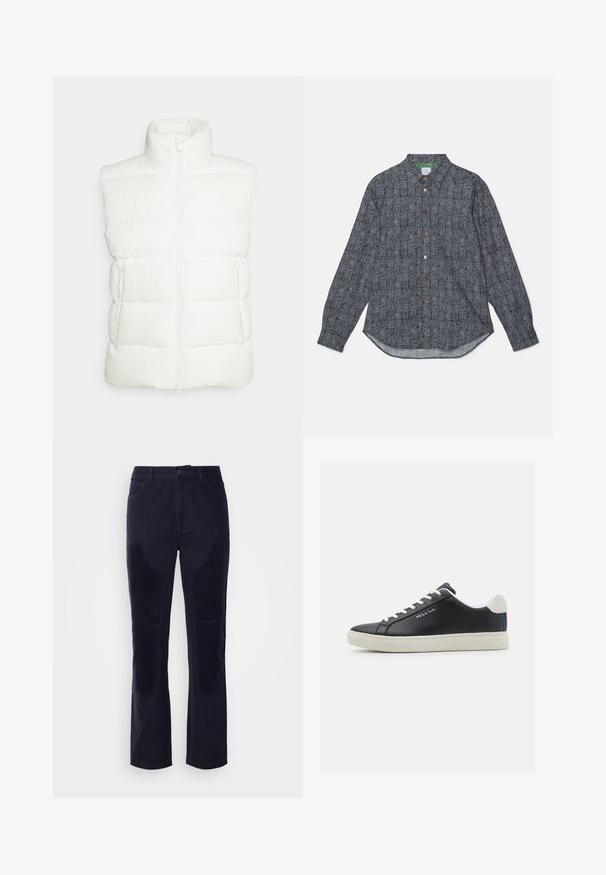 Save the duck EURYOPS - Vesta - off white; PS Paul Smith MENS CASUAL FIT - Košeľa - blues; Tmavo modré kordové nohavice s hladkým materiálom, rovnými nohavicami a horizontálnymi ribbenými detailmi na predných vreckách pre zvýšenie textúry.; Čierne kožené tenisky s bielymi šnúrkami a gumovou podrážkou. Obsahujú modrý, červený a zelený pruhovaný akcent na päte. Zahŕňa aj prešívané detaily.