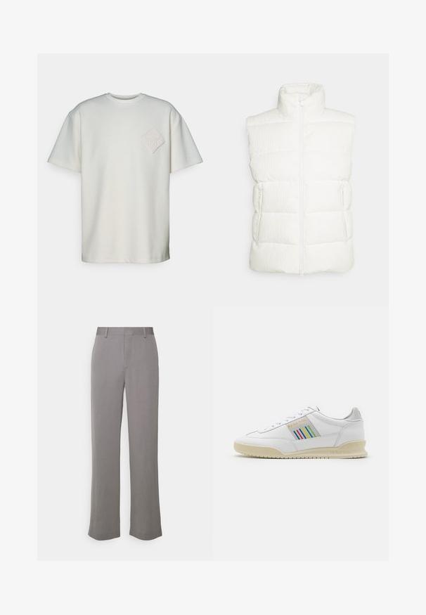 Save the duck EURYOPS - Veste sans manches - off white; T-shirt à manches courtes en coton blanc cassé, avec un patch en diamant texturé et un design en relief sur la poitrine gauche.; Tiger of Sweden TREY - Pantalon classique - grey shadow; Basket en cuir blanc avec une semelle crème, des accents de rayures multicolores sur le côté et un logo "PS Paul Smith" en doré.