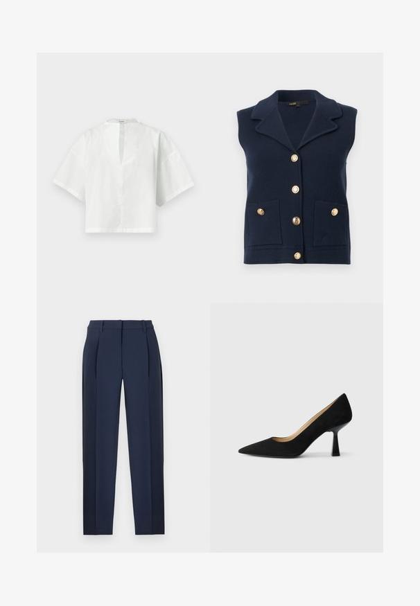 Gilet bleu marine sans manches avec large col, quatre boutons dorés à l'avant, deux poches avant avec fermetures à boutons dorés.; Blouse blanche pour femme à manches courtes avec une fente en V et une coupe ample et rectangulaire, présentée sur un fond uni.; Pantalons sur mesure bleu marine avec plis sur le devant, passants pour ceinture et jambes droites, présentés sur un fond blanc.; Pompe à talons hauts en suède noir avec un bout pointu, dotée d'un talon bloc noir brillant et d'une doublure intérieure lisse.