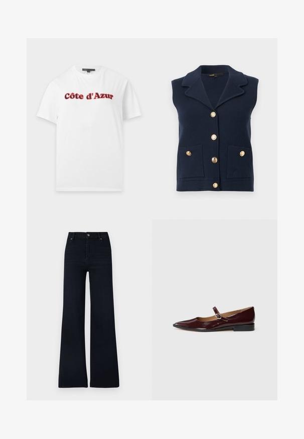 Gilet bleu marine sans manches avec large col, quatre boutons dorés à l'avant, deux poches avant avec fermetures à boutons dorés.; T-shirt blanc à manches courtes avec le texte « Côte d'Azur » en police grasse rouge et noire sur la poitrine, présenté sur un fond uni.; Jean évasé bleu foncé en denim. Doté d'une fermeture par bouton, de cinq poches, et d'un design épuré avec peu de variations de texture.; Ballerines en cuir verni bordeaux de type Mary Jane avec un bout pointu, un talon plat et une sangle décorative avec une boucle circulaire.
