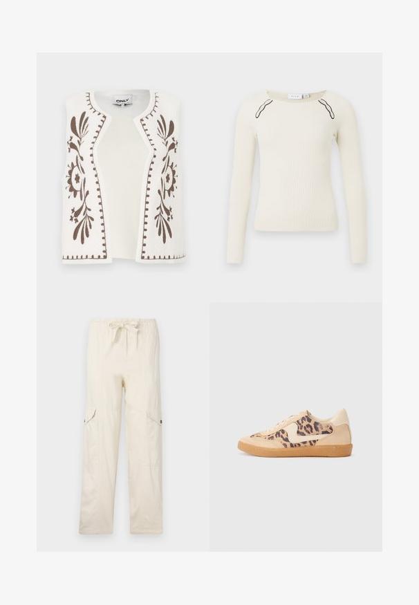 Hvid vest med brunt blomsterbroderi langs kanterne, med rund halsudskæring og åben front. Blød tekstur og minimalistisk stil.; Ribbede langærmede top i off-white med en rund hals og kontrastfarvede sorte detaljer på skuldrene. Strikket tekstur, tætsiddende design.; Beige cargo bukser med snøre i taljen, udstyret med to sidelommer og syede detaljer. Fremstillet af letvægts bomuldsstof.; Leopardprint sneakers med beige ruskindsoverdel, tan gummisål og hvide detaljer. Rund pegefinger og snørebåndsdesign med en tekstureret finish.
