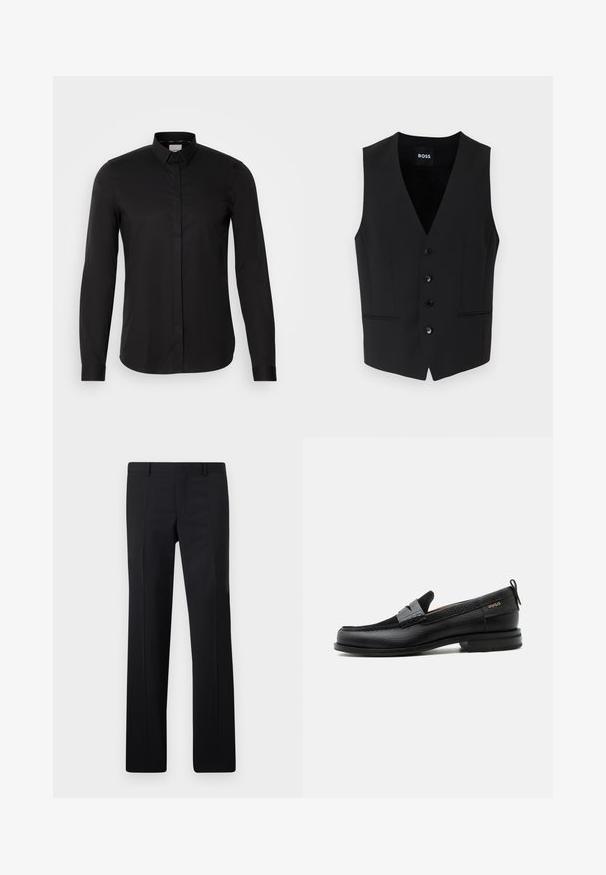 Schwarzer taillierter Weste mit tiefem V-Ausschnitt, fünf Knopfverschluss, zwei Fronttaschen und glatter Stofftextur. Auf dem Etikett steht "BOSS."; Schwarzes Langarmshirt aus glattem Material, mit Button-Down-Kragen, Frontleiste und dezentem Logo-Detail auf der Brust.; Schwarze maßgeschneiderte Hose mit geradem Schnitt, scharfen Falten und glatter Oberfläche. Hergestellt aus leichtem Stoff mit einem sauberen Bund.; Schwarzer Lederloafer mit grauem Riemendetail, niedrigem Absatz und strukturierter Sohle, seitlich mit „HUGO“ in Gold gebrandmarkt.