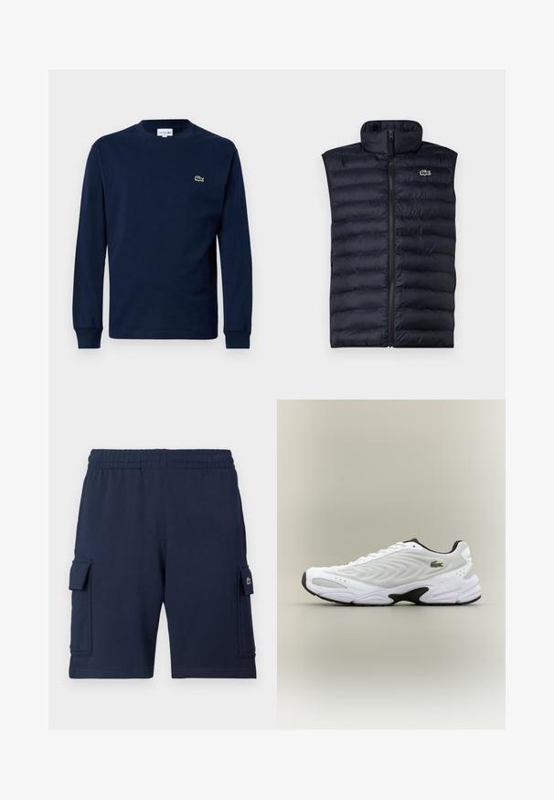 Navy puffer-vesti korkealla kauluksella, etuvetoketjulla ja vaakasuoralla tikkauskuviolla. Vasemmalla ylhäällä on pieni vihreä logo.; Navy pitkähihaine t-paita, joka on valmistettu puuvillasta. Paidan kauluksessa on pyöreä muoto ja vasemmassa rintapielessä on pieni vihreä krokotiili-logo.; Laivastonsiniset cargo-housut pehmeästä kankaasta, joissa on joustava vyötärö, kaksi sivutaskua ja pieni logo vasemmassa taskussa.; Valkoiset urheilukengät, joissa on verkkomainen tekstuuripinta, kaareva muotoilu ja kontrastivärinen musta pohja. Sivulla vihreä brodeerattu logo.