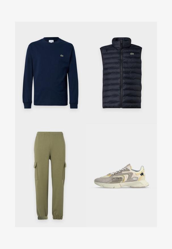 Marine blauwe gewatteerde vest met hoge kraag, ondoorzichtige rits aan de voorkant en horizontaal gestikt patroon. Heeft een klein groen logo aan de bovenkant van de linkerkant.; Marineblauw langemouwen t-shirt van katoen, met een ronde hals en een klein groen krokodil logo op de linkerborst.; Cargo broek in olijfgroene lichtgewicht stof, met zijzakken, een elastische tailleband en aansluitende manchetten voor een strakke fit.; Beige en crèmekleurige Lacoste-sneaker met mesh- en suède-overlays, witte veters en merktekst aan de zijkant, gezien vanaf de buitenkant.