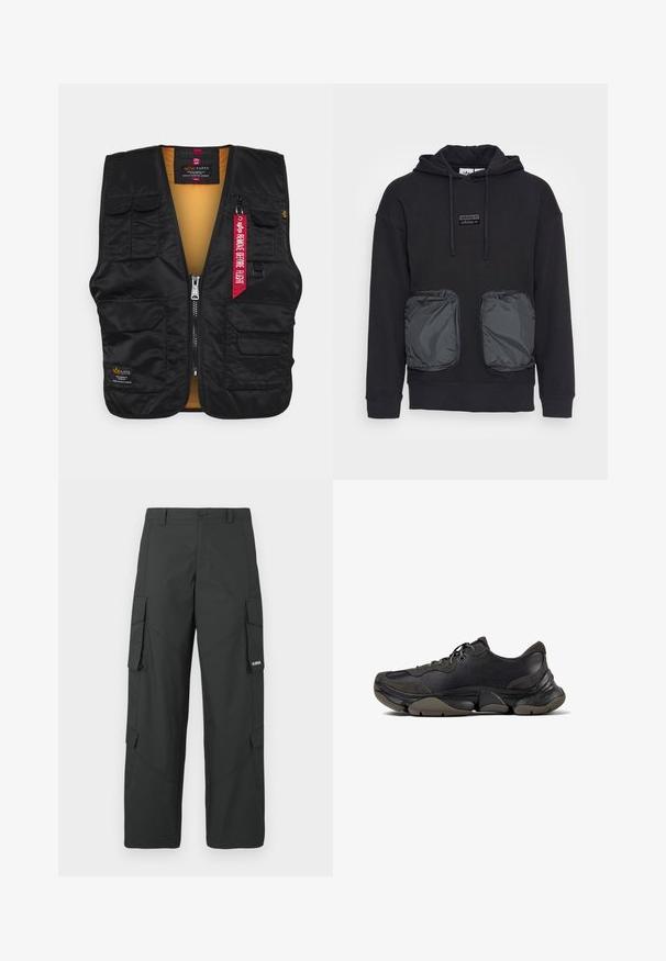 Chaleco negro con múltiples bolsillos frontales, cierre de cremallera y un interior de color naranja brillante. Incluye una etiqueta roja "Retirar antes del vuelo".; Sudadera negra con capucha y corte holgado, con dos grandes bolsillos delanteros con cremallera en un material brillante. Pequeño parche con el logo encima de los bolsillos.; Pantalones cargo rectos negros con bolsillos laterales con solapa, cierre de botón, trabillas para cinturón y pequeño logo blanco en la solapa del bolsillo derecho.; Zapatilla deportiva negra con suela texturizada, parte superior de cuero y gamuza, cuello acolchado y cierre con cordones, mostrada en perfil lateral.