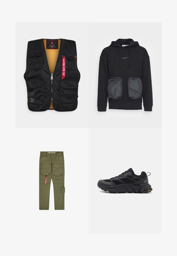 Zwarte vest met meerdere zakken aan de voorkant, ritssluiting en een feloranje binnenvoering. Inclusief een rode "Verwijder voor vlucht" label.; Zwarte hoodie met een ontspannen pasvorm, voorzien van twee grote met rits afsluitbare zakken van glanzend materiaal aan de voorkant. Klein logo-patch boven de zakken.; Tactische cargobroek in olijfgroen, met meerdere zakken, duurzame stof en een rode labelaccent. Rechthoekige snit met een stevige tailleband.; Zwarte sportschoenen met een stevige zool, een bovenwerk van mesh en synthetisch materiaal, getextureerde accenten en Vibram-branding op de buitenzool.