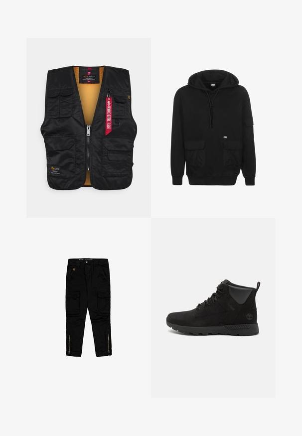 Schwarze Weste mit mehreren Fronttaschen, Reißverschluss und einem leuchtend orangefarbenen Innenfutter. Enthält ein rotes "Remove Before Flight"-Schild.; Schwarzer Kapuzenpulli aus weichem Stoff, mit einer Kordelzugkapuze, Fronttaschen und einem Logo-Patch auf der linken Brustseite.; Schwarze Cargo-Hosen aus Baumwolle mit Seitentaschen, Reißverschluss-Akzenten an den Knöcheln und einer regulären Passform.; Schwarze High-Top-Stiefel aus Wildleder und synthetischen Materialien, mit einer strukturierten Oberfläche, Schnürdesign und Gummisohle mit Grip.