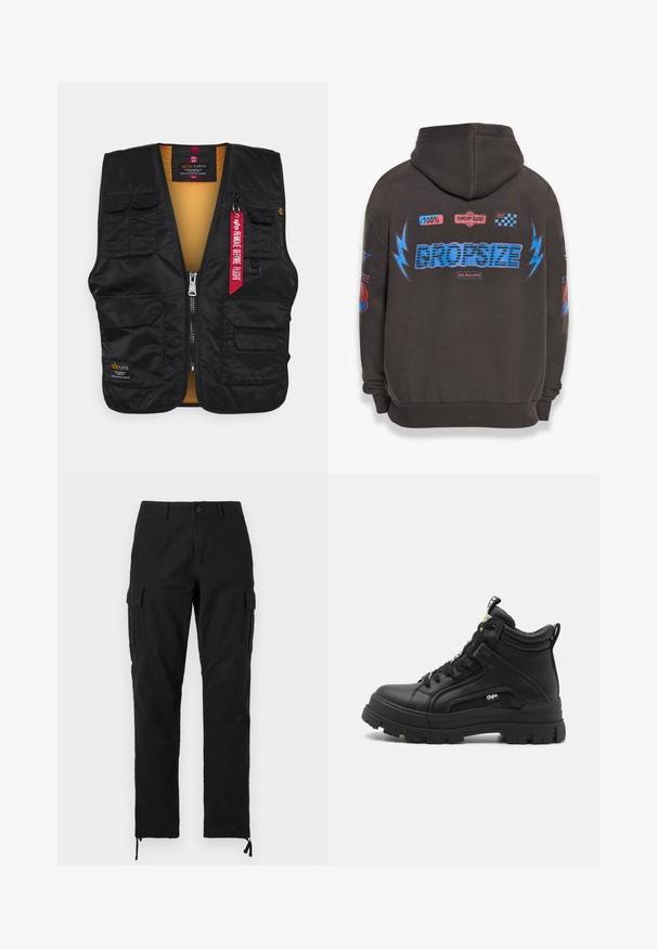 Zwarte vest met meerdere zakken aan de voorkant, ritssluiting en een feloranje binnenvoering. Inclusief een rode "Verwijder voor vlucht" label.; Donkergrijze hoodie met grote blauwe "DROPSIZE" tekst en kleurrijke graphics. Voorzien van een capuchon, geribbelde mouwen en verschillende geprinte patches.; Zwarte cargo broek met rechte pijpen, voorste knoop en rits, zijflapzakken, riemlussen en verstelbare enkelkoorden.; Zwarte hoge schoenen van gestructureerd leer, met een dikke rubberen zool, vetersluiting aan de voorkant en een klein logo detail aan de zijkant.