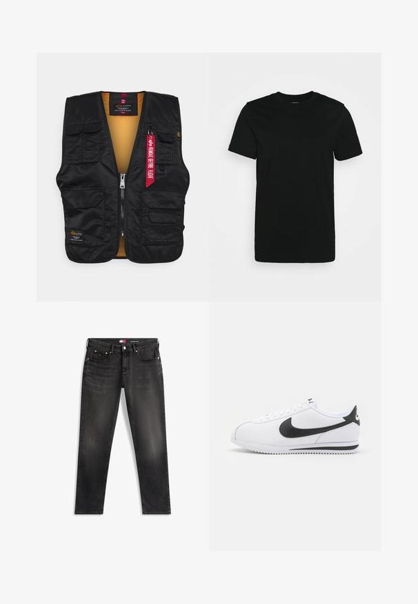 Schwarze Weste mit mehreren Fronttaschen, Reißverschluss und einem leuchtend orangefarbenen Innenfutter. Enthält ein rotes "Remove Before Flight"-Schild.; Schwarzes kurzärmliges T-Shirt aus glattem Baumwollstoff, mit Rundhalsausschnitt und einem schlichten Design ohne Muster oder Akzente.; Schwarze Slim-Fit-Denim-Jeans mit Vordertaschen, Gürtelschlaufen und Knopfverschluss, mit dezenten Verwaschungseffekten und kleinem Markenlabel.; Weiße Ledersneaker mit schwarzem Nike-Swoosh, flachen Schnürsenkeln und strukturiertem Gummisohlen. Abgerundete Zehenpartie und gepolsterter Kragen für zusätzlichen Komfort.