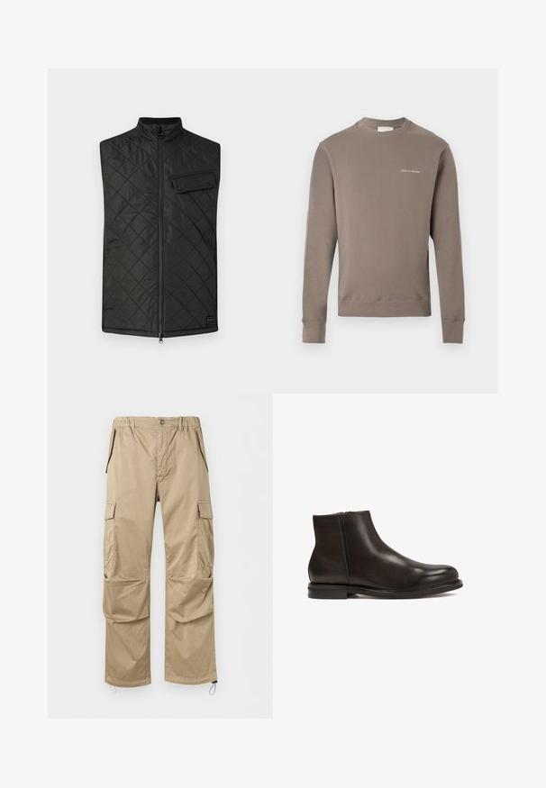 Schwarze gesteppte Weste mit hohem Kragen, durchgehendem Frontreißverschluss und einer Brusttasche. Das Material wirkt glatt und hat einen dezenten Glanz.; Langärmliges taupe Sweatshirt mit gerippten Bündchen und Saum, ausgestattet mit kleinem weißen "Tiger of Sweden"-Logo auf der linken Brust.; Beige Cargohosen mit seitlichen Klappentaschen, vorderer Knopfleiste, elastischem Bund und verstellbaren Kordeln an den Hosensäumen.; Schwarze Leder-Ankle-Boots mit glatter Textur, runder Zehenform und niedrigem Absatz. Verfügt über einen seitlichen Reißverschluss für einfaches An- und Ausziehen.