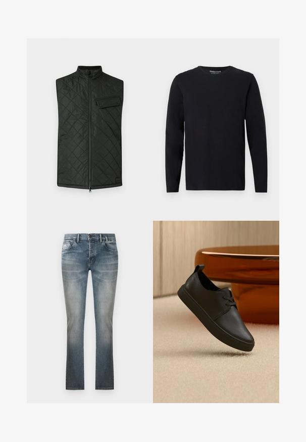Veste matelassée noire avec col montant, fermeture éclair complète à l'avant et une poche sur la poitrine. Le matériau semble lisse et présente un léger éclat.; T-shirt noir à manches longues en tissu doux. Doté d'un col rond et d'une coupe droite sans motifs ni accessoires visibles.; Jean droit bleu délavé avec poches avant, passants pour ceinture et fermeture par bouton, présenté sur un fond blanc uni.; Baskets décontractées en cuir noir avec lacets, flottant au-dessus d'un tapis beige, avec une table en verre ambré arrondie en arrière-plan.