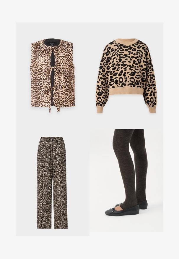Halenka bez rukávov s leopardím vzorom a zaväzovaním, vyrobená z jemného materiálu, s okrúhlym výstrihom a kontrastnými čiernymi detailmi na prednej strane.; Béžový sveter s dlhými rukávmi, s čiernym leopardím vzorom, s rebrovaným okrúhlym výstrihom, manžetami a lemom.; Nohavice s leopardím vzorom majú čierno-bežový vzor, elastický pás a rovný strih. Sú vyrobené z jemnej, ľahkej látky.; Nohy v tmavých pásikavých legínach v kombinácii s čiernymi balerínkami s malými mašličkami na bielom pozadí.