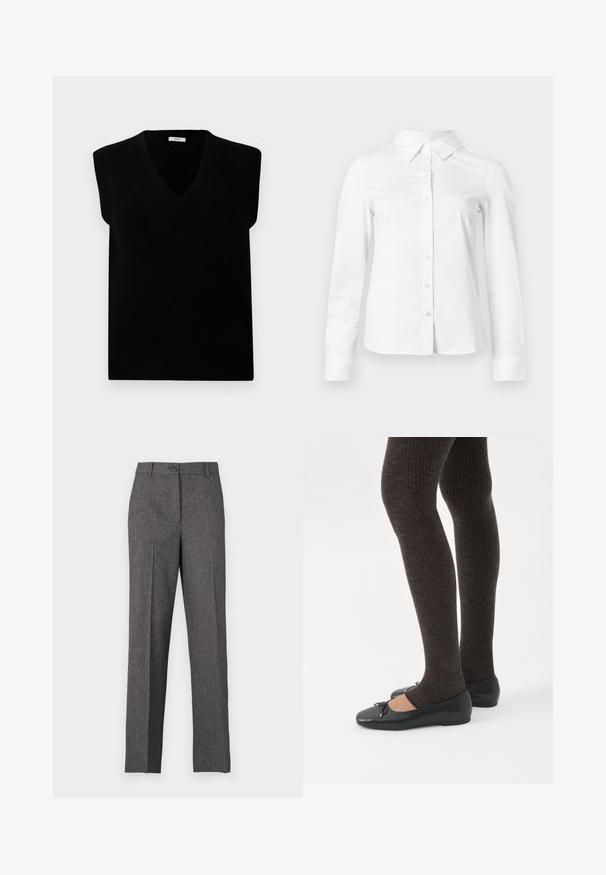 Sort ærmeløs sweater med V-hals, lavet af blødt materiale. Har ribbede detaljer ved halsudskæringen og armhulerne. Simpelt, minimalistisk design.; Hvid skjorte med lange ærmer, knapper, spids krave, lige kant og tætsiddende silhuet, vist på en ensartet lys baggrund.; JDY Wide-leg JDYBLOOM Tapered Fit - Bukser - black/white salt and pepper; Ben iført mørke ribbede leggings kombineret med sorte balletsko med små sløjfedetaljer på hvid baggrund.
