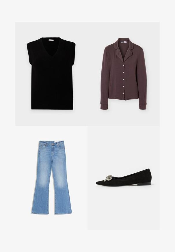 Zwarte mouwloze sweater met V-hals, gemaakt van zacht materiaal. Heeft geribde details bij de halslijn en armsgaten. Eenvoudig, minimalistisch ontwerp.; Donkerbruin overhemd met lange mouwen, knoopsluiting en kraag, met vijf witte knopen, afgebeeld tegen een effen lichtgrijze achtergrond.; Lichtblauwe jeans met uitlopende pijpen en een gladde denimtextuur, voorzien van vijf zakken, een enkele knoopsluiting en subtiele vervagingen bij de knieën.; Zwarte suède platte schoen met een puntige neus, versierd met een decoratieve zilveren strik aan de voorkant, en met een lage hak.