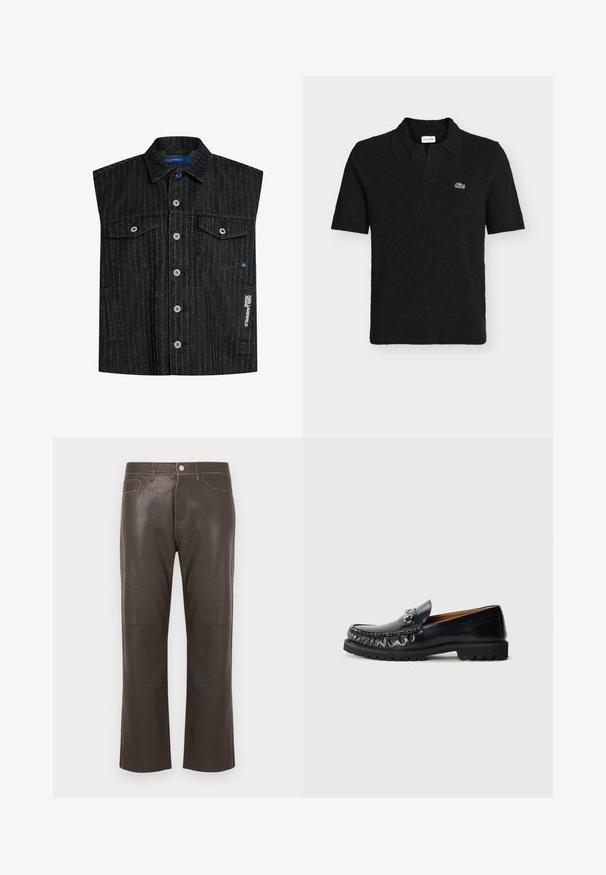 Ärmellose schwarze Denimweste mit vertikalen weißen Nadelstreifen, fünf vorderen Knöpfen, zwei Brustklappentaschen und "Karl Lagerfeld Jeans"-Etikett an der Seite.; Schwarzes Poloshirt mit kurzen Ärmeln, strukturiertem Stoff, offenem Kragen und kleinem grünem Lacoste-Krokodil-Logo auf der linken Brust.; Dunkelbraune Lederhose mit geradem Bein, vorderem Knopf- und Reißverschluss, Gürtelschlaufen und Kontrastnaht-Details.; Schwarze Lederloafers mit abgerundetem Zeh, dekorativen Nähten und einem metallischen Akzent an der Vorderseite; Gummisohle mit rutschfestem Muster.