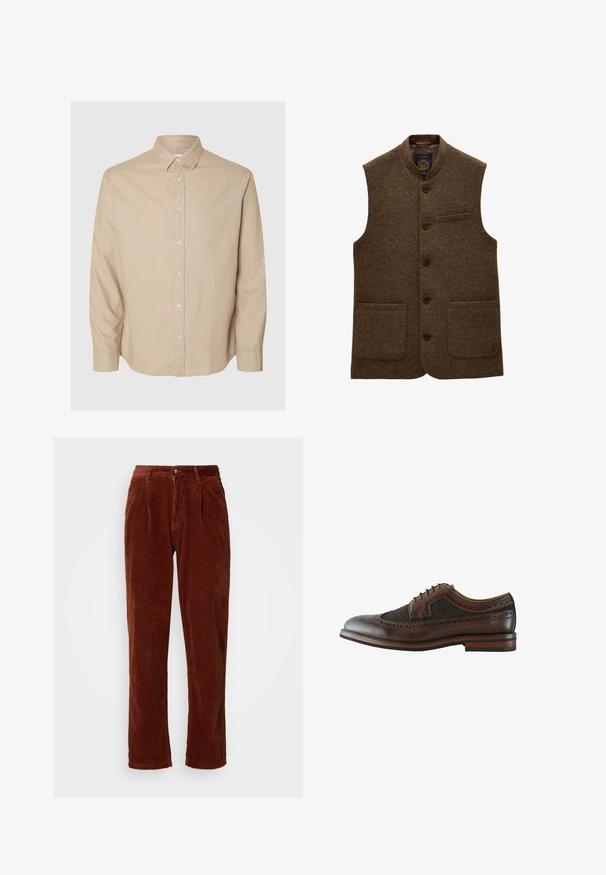 Chaleco marrón de lana con botones, dos bolsillos frontales bajos, un bolsillo en el pecho y un pequeño cuello.; Selected Flannel - Camisa - pure cashmeredetail:mixed w. oatmeal; Pantalones de pana en un color marrón intenso; presentan un frente plisado, piernas rectas y un cierre de botón en la cintura.; Zapato brogue de piel marrón oscuro con puntera alada, perforaciones decorativas, cierre con cordones y suela de madera con tacón estratificado.