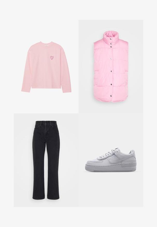Pieces PCTEE WAISTCOAT - Weste - begonia pink; Helles rosa Sweatshirt mit langen Ärmeln aus weichem Material. Mit einem kleinen gestickten Herz auf der linken Brust. Rippbündchen am Kragen und an den Ärmeln.; Schwarze Jeans mit hoher Taille und geradem Bein, mit Vordertaschen und Gürtelschlaufen auf weißem Hintergrund.; Graue Nike Air Force 1 Sneaker mit perforierter Zehenpartie, Obermaterial aus glattem Leder, dicker Sohle und geprägtem 'AIR'-Detail an der Ferse.