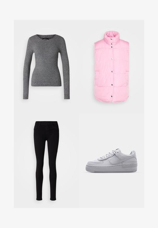 Pieces PCTEE WAISTCOAT - Vesta - begonia pink; Svetor šedej farby s vrúbkovaním, dlhými rukávmi a výstrihom do véčka. Vyrobený z textúrovanej pleteniny, s priliehavým strihom.; Čierne slim-fit nohavice s gombíkovým zapínaním, pútkami na opasok a prednými vreckami, zobrazené na svetlom jednolatom pozadí.; Šedé tenisky Nike Air Force 1 s perforovanou špičkou, hladkým koženým zvrškom, hrubou podrážkou a embosovaným detailom 'AIR' na päte.