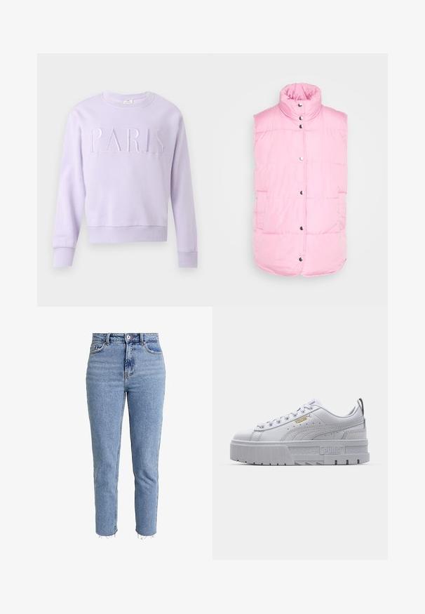Pieces PCTEE WAISTCOAT - Vesta - begonia pink; Svetlofialová mikina s okrúhlym výstrihom a dlhými rukávmi s vyšívaným nápisom „PARIS“ veľkými, zladenými fialovými písmenami na hrudi.; Svetlomodré vysoké džínsy z denimového materiálu, so strihom rovného nohavice, s roztrhnutým lemom a minimalistickým dizajnom bez ozdôb.; Biele platformové tenisky so hladkým koženým zvrškom, polstrovaným golierom, šedou gumovou podrážkou a zlatými akcentami, v ktorých sa nachádza logo Puma.