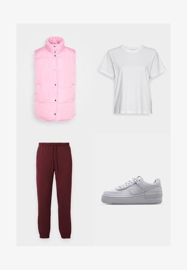 Pieces PCTEE WAISTCOAT - Vest - begonia pink; Hvid bomulds T-shirt med korte ærmer, rund hals og en afslappet pasform. Glat tekstur, uden mønstre eller grafik, enkel design.; Bordeaux joggingbukser med elastisk talje, snor, sidelommer og elastiske manchetter mod en ensfarvet hvid baggrund.; Grå Nike Air Force 1 sneakers med perforeret tå, glat læderoverdel, tyk sål og præget 'AIR' detalje på hælen.