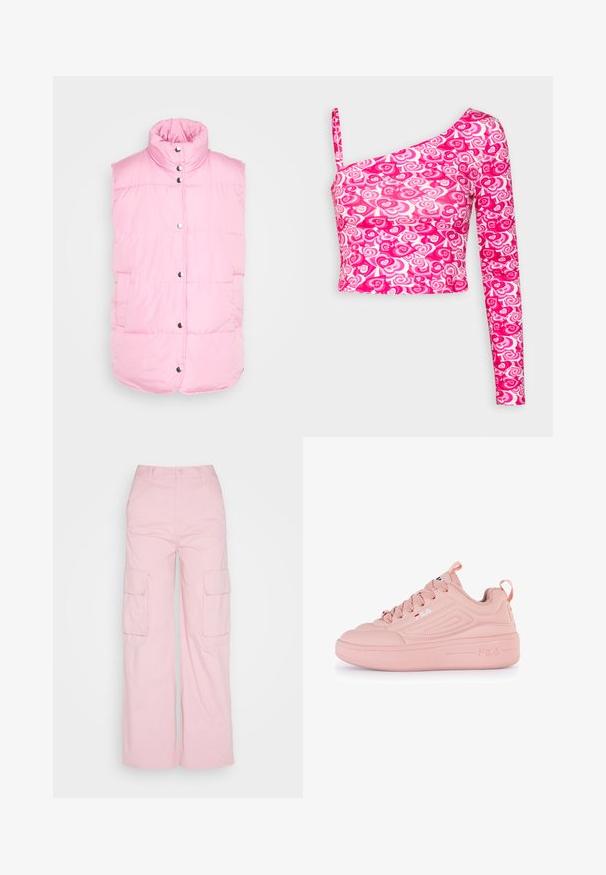 Pieces PCTEE WAISTCOAT - Γιλέκο - begonia pink; Even&Odd by Zalando Μπλούζα με μακριά μανίκια - pink; Monki Παντελόνι cargo - light pink; Ροζ αθλητικά παπούτσια με απαλό συνθετικό επάνω μέρος, στρογγυλή σχεδίαση μπροστά, υφασμάτινες λεπτομέρειες και παχιά σόλα πλατφόρμας. Διαθέτουν κορδόνια και λεπτομέρεια λογότυπου.