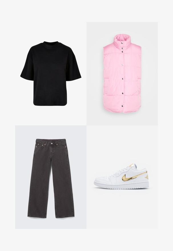 Pieces PCTEE WAISTCOAT - Bodywarmer - begonia pink; Zwarte katoenen t-shirt met hoge hals, korte mouwen en een losse, boxy pasvorm zonder zichtbare patronen of accenten.; Zwarte denim jeans met wijde pijpen, koperen klinknagels, vijf zakken en een knoopsluiting. Zachte, stevige textuur met een rechte snit van taille tot zoom.; Jordan AIR JORDAN 1 LOW SE - Sneakers laag - white/metallic gold