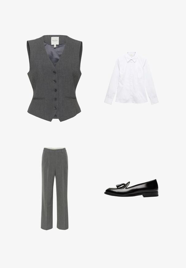 Gilet sans manches gris avec un col en V, six boutons noirs, deux poches avant et une doublure intérieure lisse. Fabriqué en tissu texturé.; Chemise blanche à manches longues avec col, coupe ajustée et manches retroussées, posée à plat sur un fond blanc.; Pantalons gris à rayures fines avec une coupe ajustée, un devant plat et un design à jambe large. Fabriqués en tissu lisse et léger.; Mocassins en cuir noir avec une finition brillante, dotés d'un accent en gland, d'un bout rond et d'un talon bas pour une apparence élégante.