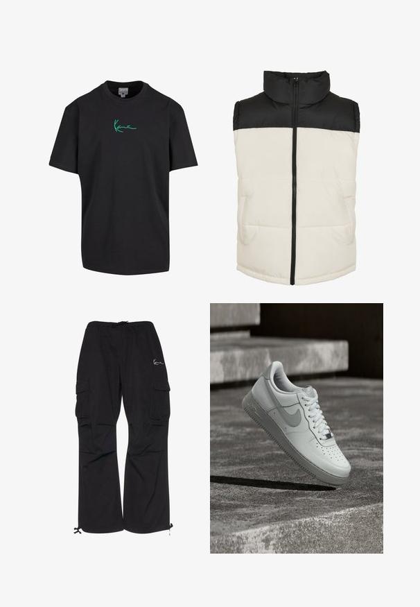 Puffervest med høj krave, med en sort topsektion og en cremefarvet bund, foran lynlås og to sidelommer. Tekstureret stof.; Sort bomulds T-shirt med korte ærmer og rund hals. Har grøn "Kanye" signatur grafik foran. Ensfarvet bagpå og afslappet pasform.; Sorte cargobukser lavet af letvægtsstof, med elastisk talje med snøre, sidelommer og justerbare manchetter.; Hvid Nike Air Force 1 sneaker, der svæver over en tekstureret betongulv med stenetrin i baggrunden.