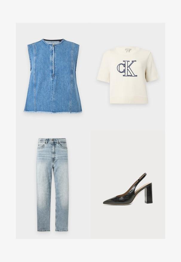 Mouwloos lichtblauw denimtopje met een gedeeltelijke rits aan de voorkant, ronde halslijn, verticale naden en een onafgewerkte zoom aan de onderkant.; Witte korte mouw gebreide trui met geribde zoom en manchetten, voorzien van een groot marineblauw "cK" logo geborduurd op de voorkant.; Lichtblauwe denim jeans met een recht gesneden pijp, voorzien van een knoop- en ritssluiting, vijf zakken en subtiele vervaging.; Zwarte leren slingback schoen met spits toelopend neusje, hoge blokhak en beige binnenvoering tegen een effen lichte achtergrond.